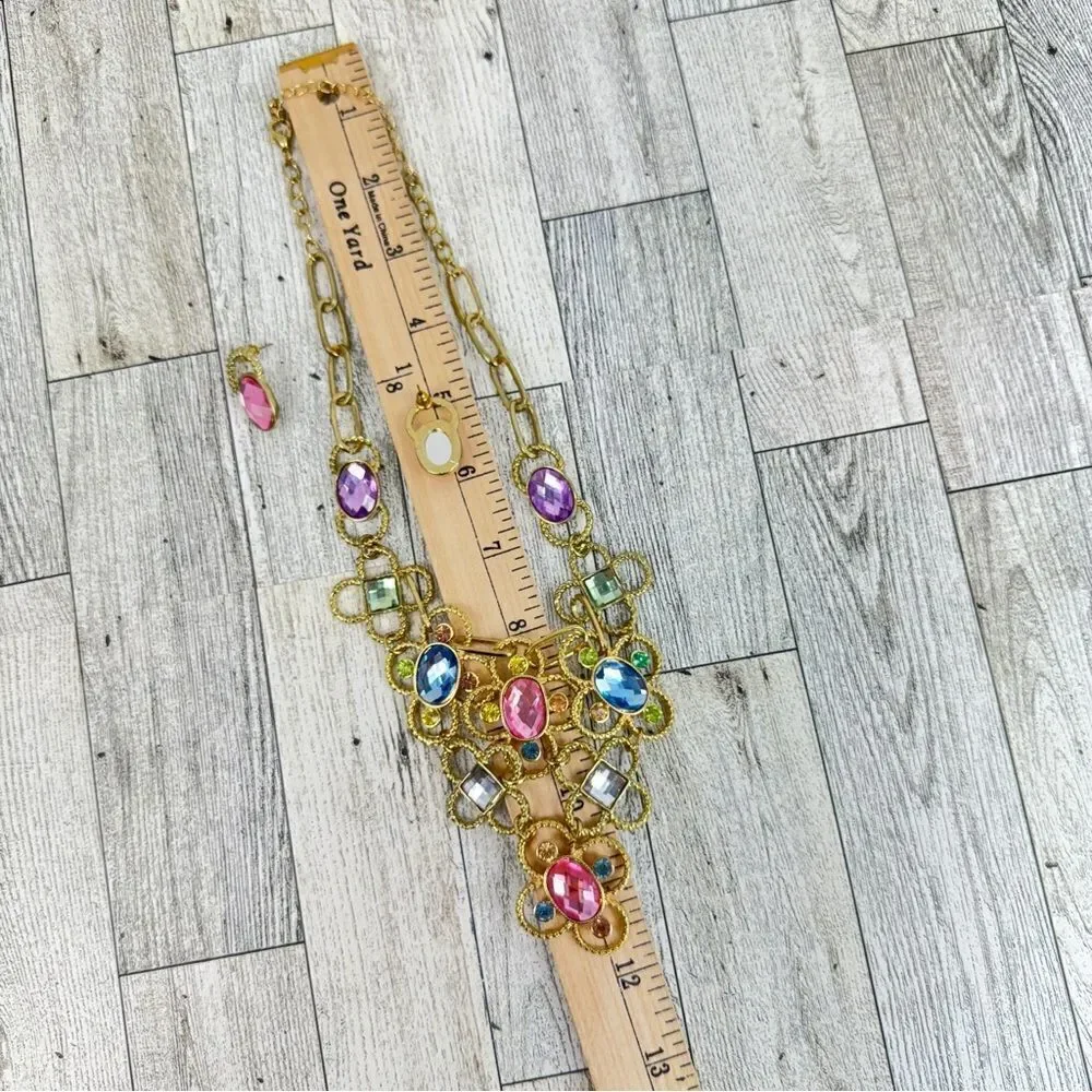 Pastel Gemstone Statement Bib Necklace Earrings Set‎ Rhinestone Soft Girl